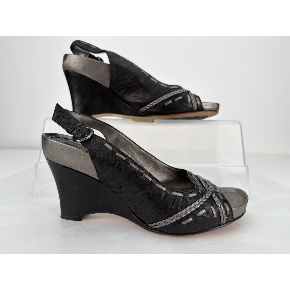 Taryn by Taryn Rose Wedge Sandals Women 8.5 Black Pewter Braided Leather Boho